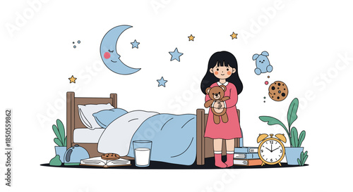 Young girl standing in her bedroom at night holding a teddy bear near her bed with a crescent moon and stars visible.