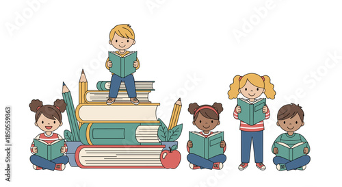 Diverse group of children sitting and standing while reading green books around a large stack of oversized colorful books.