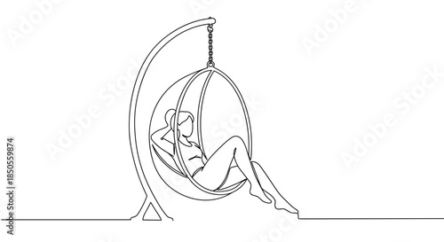 Line drawing of a relaxed woman sitting in a hanging chair, isolated on white background, showcasing a minimalist design with smooth lines and gentle curves, perfect for modern decor