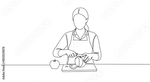 Line drawing of a woman preparing food by peeling vegetables and fruits in a kitchen setting on a transparent background with detailed features and minimalistic style.