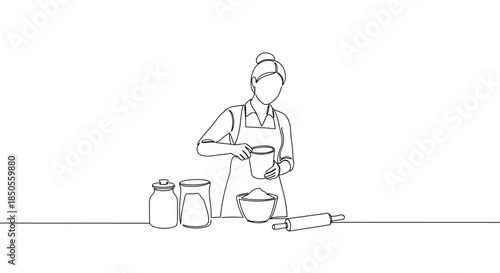 Line drawing of a person preparing dough in a kitchen with mixing bowl and jars on a countertop, isolated on a transparent background