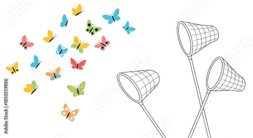 Swarm of colorful butterflies flying together toward three butterfly nets with long handles against a plain white background.