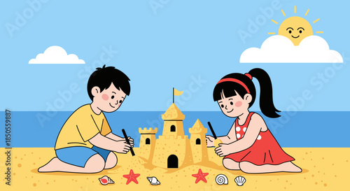 Boy and a girl playing together on a sunny beach building a large sandcastle with seashells and starfish in the sand.
