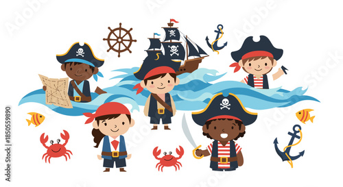 Group of diverse pirate characters including children and adults on an ocean scene with a pirate ship, anchors, and crabs.