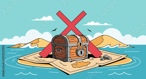 Large wooden treasure chest with a lock sitting on a map on a small island with a giant red X marking the spot.