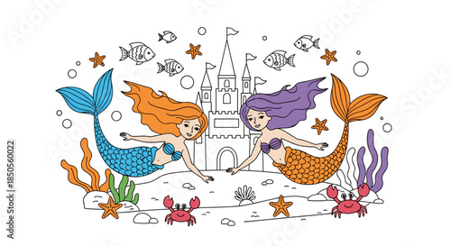 Two colorful mermaids swim gracefully near a grand underwater castle surrounded by sea creatures, plants, and bubbles in the ocean depths.