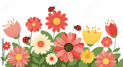 Vibrant collection of various garden flowers in red, pink, and yellow shades features friendly ladybugs crawling among the green leaves.