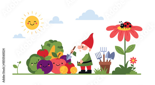 Cheerful garden gnome works among friendly faced vegetables and flowers under a bright sun with ladybugs and gardening tools.