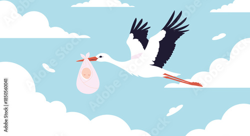 Majestic white stork flies through a blue sky filled with white clouds while carrying a newborn baby wrapped in a pink bundle.