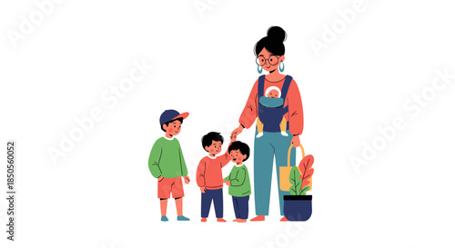 Young mother walks with her four children including a baby in a carrier and a young boy holding her hand in a clean vector style.