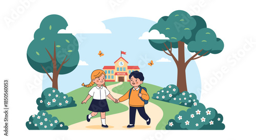 Schoolboy and schoolgirl walk together on a path towards a school building in a beautiful green landscape with trees and butterflies.