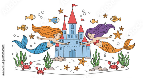 Two friendly mermaids swim in a colorful underwater world featuring a large blue castle with red roofs and various sea animals.
