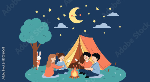Group of four children sits around a glowing campfire in front of their tent at night while roasting marshmallows under a starry sky.