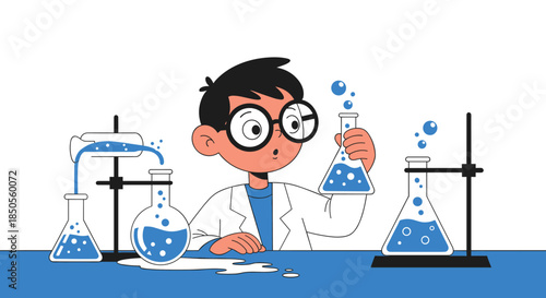 Young boy wearing glasses and a white lab coat looks surprised as he conducts experiments with blue liquids in various glass flasks.