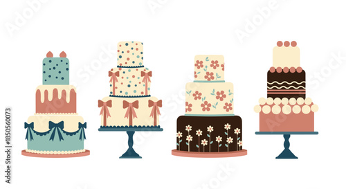 Collection of four multi-tiered cakes decorated with ribbons, flowers, dots, and stripes is presented on elegant cake stands.