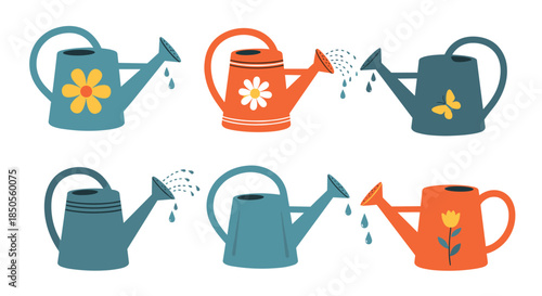 Set of six various watering cans in blue and orange colors features patterns of flowers and butterflies with water droplets.