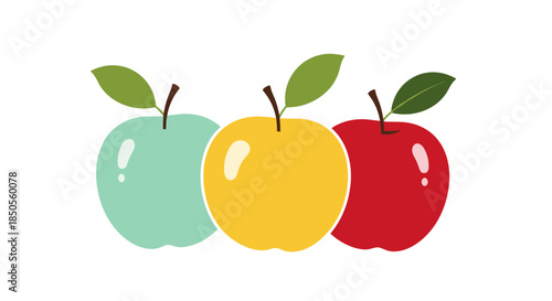 Set of three glossy apples in green, yellow, and red colors are placed in a row with green leaves and a clean white border.