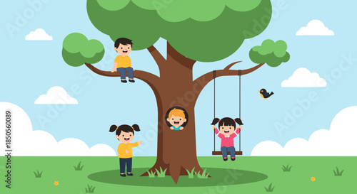 Happy group of children plays on and around a large green tree in a park with one child on a swing and others in branches.