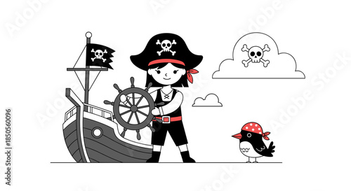 Brave pirate girl standing next to a ship's wheel with a small bird and a Jolly Roger flag against a simple background.