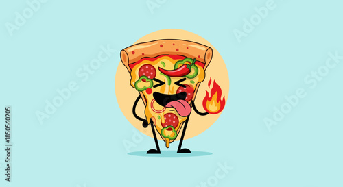 Hot and spicy pizza slice character with a tongue sticking out holding a flame against a light blue background.