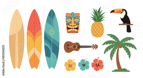 Collection of tropical summer vacation icons including surfboards, tiki mask, pineapple, toucan, and a palm tree.