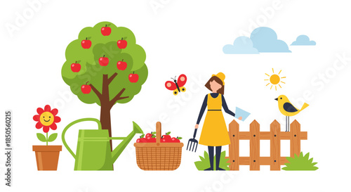Woman wearing a sun hat gardening in her backyard orchard with a watering can, apple tree, and a basket of fruit.