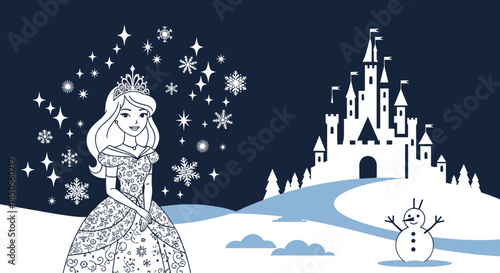 Beautiful princess wearing a crown and floral gown standing in a snowy winter landscape with a fairy tale castle.