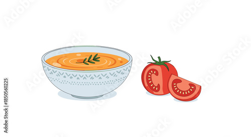 Warm bowl of creamy tomato soup garnished with a green herb and served with fresh tomato slices on the side.