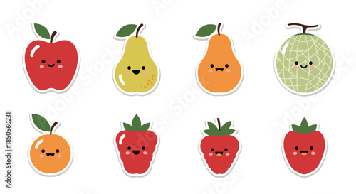 Collection of eight adorable fruit stickers including apple, pear, melon, orange, raspberry, and strawberry with smiles.