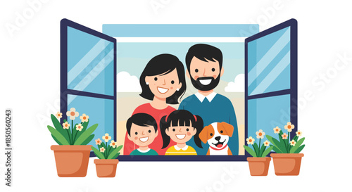 Cheerful family of four including a mother, father, and two children posing at an open window with their pet dog.