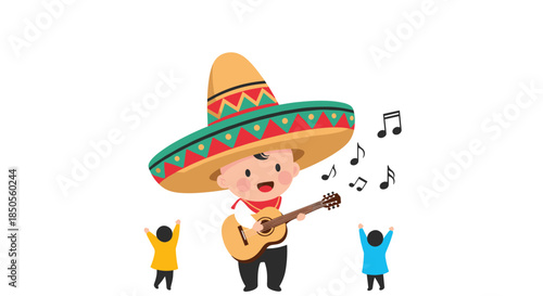 Small child dressed as a Mexican mariachi musician playing a guitar and singing for a group of happy children.