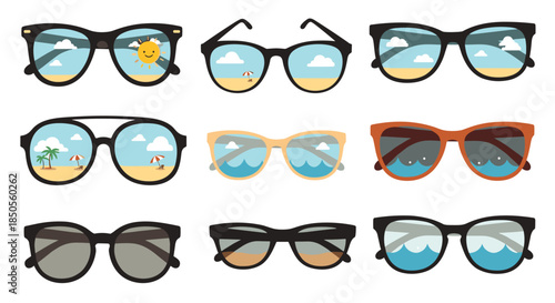 Set of nine different sunglasses featuring reflections of beaches, palm trees, sun, and ocean waves on the lenses.