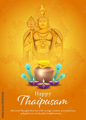 Thaipusam Greeting Card with Lord Murugan and Sacred Pot on Golden Background