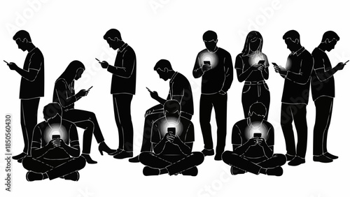 Silhouettes of people engrossed in their smartphones.