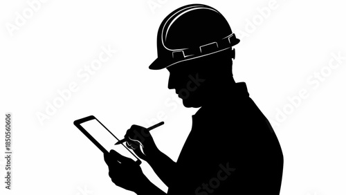 Silhouette of a construction worker using a tablet on a white background.
