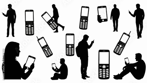 Silhouettes of people using mobile phones in various poses and settings.