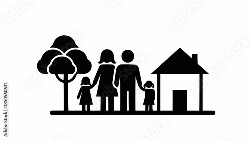 Family Silhouette Standing Together Outside Their Home With A Tree.