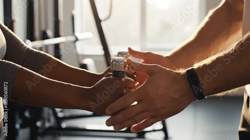 Guided Form: Personal Trainer Hand Adjustment in Gym Setting  