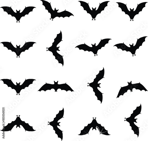 Bat silhouette pattern, flying bat icon, Halloween design, black white graphic, spooky element, nocturnal creature, wing shape, horror theme, wildlife symbol, eerie layout