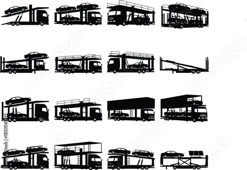 Car carrier silhouette, vehicle transport, trailer icon, automotive logistics, truck design, cargo haul, black white, shipping truck, freight, transport system