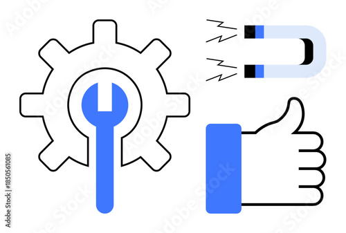 Business strategy. Business strategy illustrated using icons of maintenance, attraction, and approval. Business strategy for engineering, marketing, teamwork, positive feedback, customer satisfaction