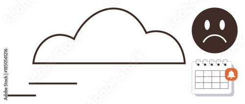 Cloud with wind lines, sad face, and calendar highlighting notification. Ideal for stress, time management, deadline pressure, missed opportunities, bad weather, sadness simple flat metaphor