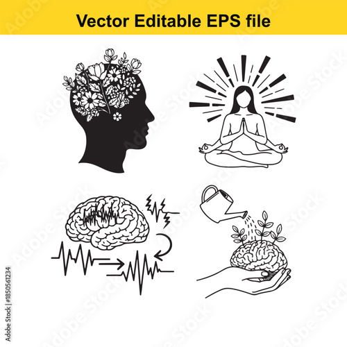  a set of four black and white vector illustrations depicting mental health and wellness concepts in a simple line art style