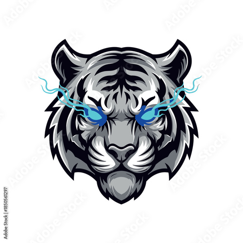 A fierce tiger's face is depicted in a detailed illustration, showcasing its intense gaze and sharp features, ak-6 style.