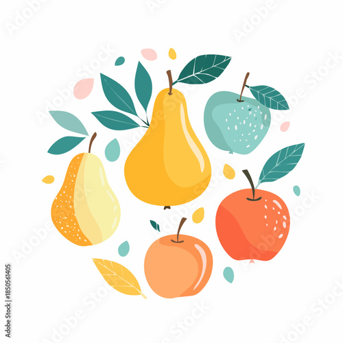 Collection of contemporary art prints. Abstract fruits. Apples, pears, apricots and lemons.