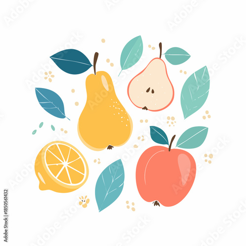 Collection of contemporary art prints. Abstract fruits. Apples, pears, apricots and lemons.