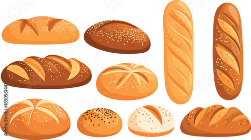 Detailed Vector Set of Fresh Bakery Products Including Artisan Loaves Baguettes Sesame Buns and Pretzels