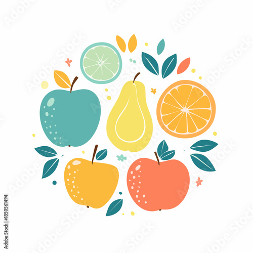 Collection of contemporary art prints. Abstract fruits. Apples, pears, apricots and lemons.