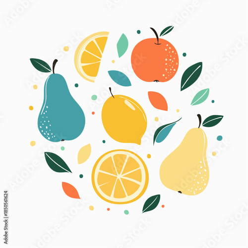 Collection of contemporary art prints. Abstract fruits. Apples, pears, apricots and lemons.