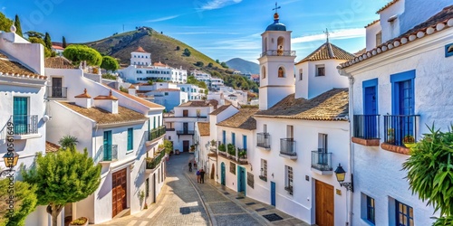 Sunny streets in Mijas Pueblo with white-washed houses and blue-domed churches